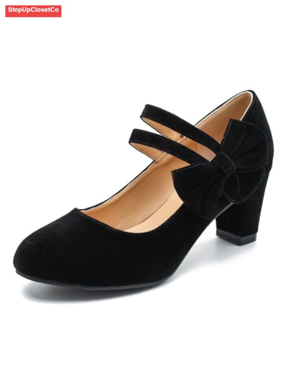 Mary Jane Heels with Bow Low Chunky Block Double Ankle Strap Pumps Office Dress